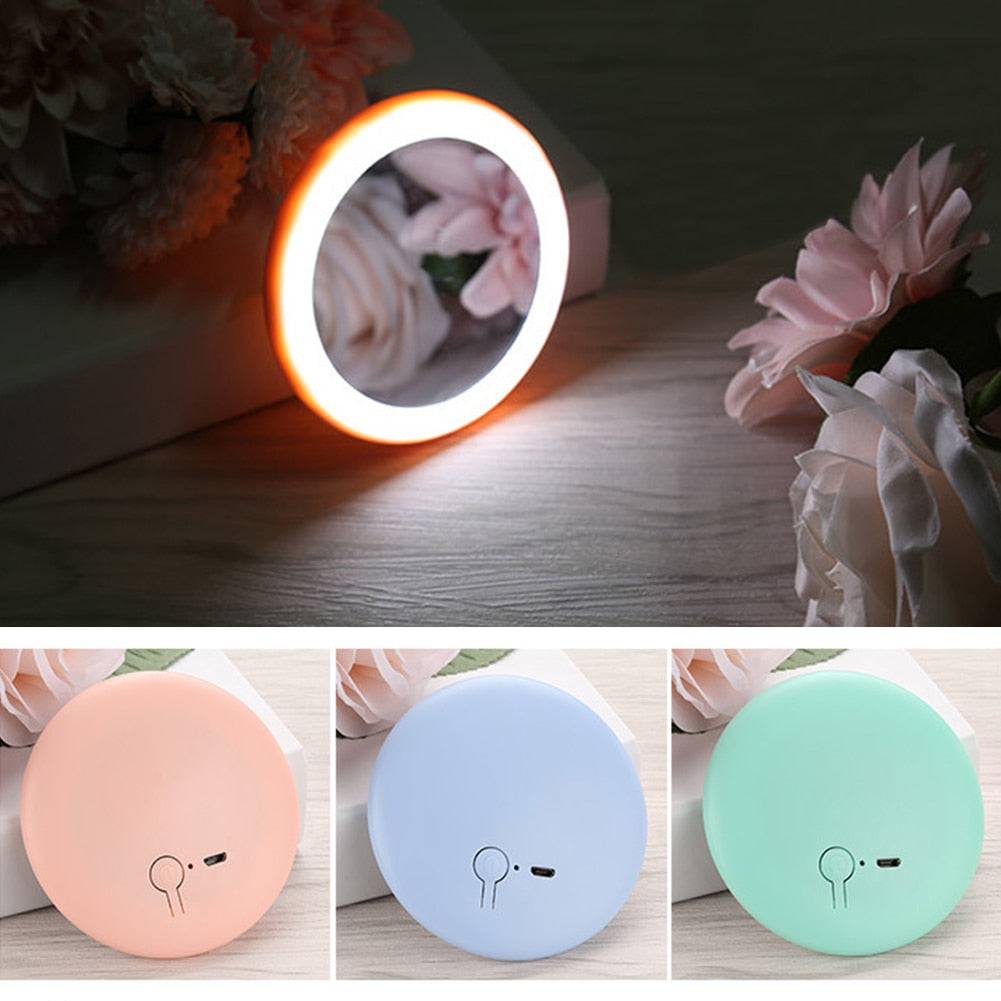 Rechargeable Mini Portable Round Cosmetic Mirror with LED Lights for Women Beauty Makeup Tool